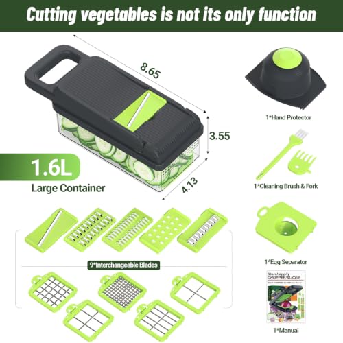 15-in-1 Vegetable Chopper 10 Blades, Veggie Cutter with Handle, Green/Grey | Stainless Steel Blades, Food Container and Lid, Dicer, Slicer, Julienne, Egg Separator, Non-slip Base, Include Cleaning Tools - color: Green, size: 10 blades