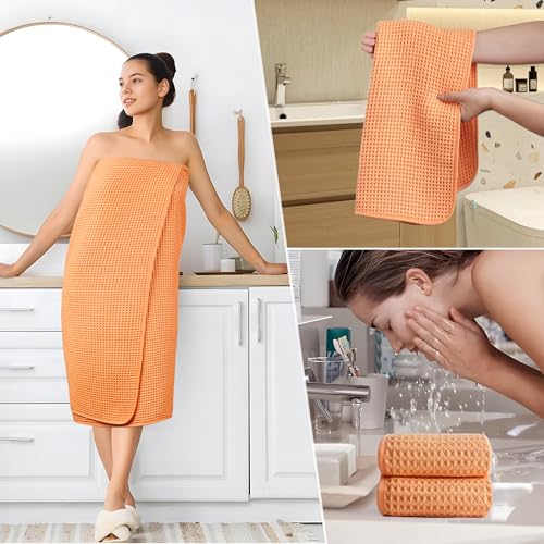 POLYTE 430 GSM Poly Blend Microfiber Quick Dry Waffle Bath Towel Set of 6 | 2-Body Towels, 2-Hand Towels, 2-Wash cloths, Oversize, Lint Free - color: Orange