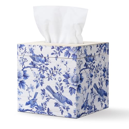 GlikCeil French Toile Tissue Box Cover 6 Inch, Blue White, Chinoiserie | Wooden Square, Vintage Tissue Box Holder, For Bedroom Bathroom Office Desk Countertop, Toile De Jouy Farmhouse Decor - color: Blue White, style: Chinoiserie