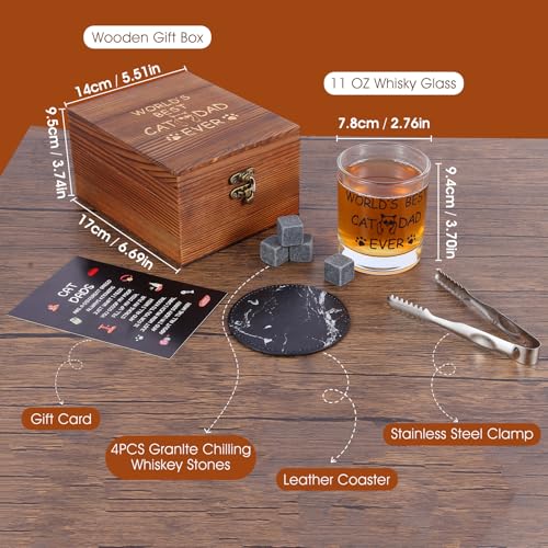 Bayelove Cat Dad Gifts, Best Gift for Dad, Gift with 12oz Whiskey Glasses, Stones, Coaster, Wooden Box for Catfather - color: Cat Dad