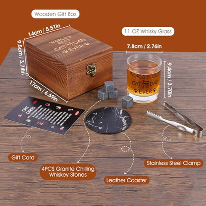 Bayelove Cat Dad Gifts, Best Gift for Dad, Gift with 12oz Whiskey Glasses, Stones, Coaster, Wooden Box for Catfather - color: Cat Dad