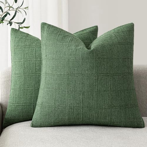 Foindtower Set of 2 Decorative Linen Check Throw Pillow Covers Neutral Farmhouse Vintage Cushion Covers Modern Boho Accent Home Decor for Sofa Chair Couch Bedroom Living Room,16×16 Inch,Forest Green - color: Forest Green, size: 16" x 16" (Pack of 2)