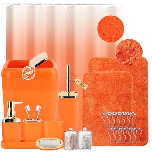 XLHOMO Bathroom Set - Orange Bathroom Sets with Shower Curtain and Rugs, 24PCS Shower Curtain Set with Hooks, Soap Dispenser, Soap Dish, Toilet Brush Holder and Trash Can for Housewarming - color: Orange and Gold, size: Bathroom Set+Shower Curtain+Bath Ru
