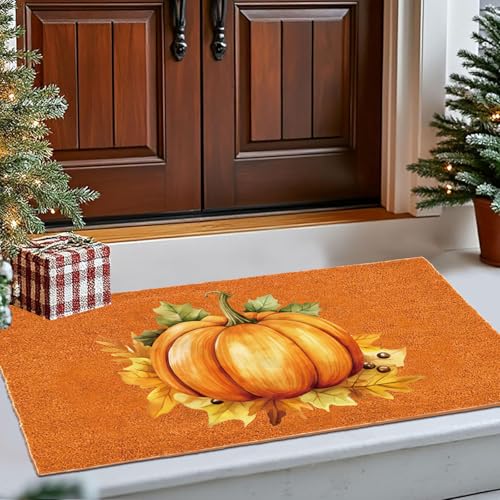 Fall Door Mat Outside, Pumpkin Welcome Mat for Front Door, Halloween Thanksgiving Autumn Harvest Vintage Rustic Yard Non Slip Seasonal Home Indoor Outdoor Party Decoration 30" x 18"