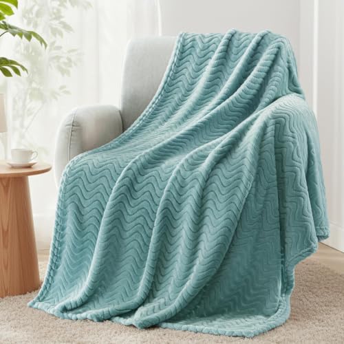 Exclusivo Mezcla Large Fleece Throw Blanket for Couch, Sofa, Celadon | 50"x70" Soft Breathable Lightweight Flannel Throws for Summer, Plush Cozy Jacquard Wave Blanket for Home Decor - color: Celadon, size: Throw ( 50x70 IN )