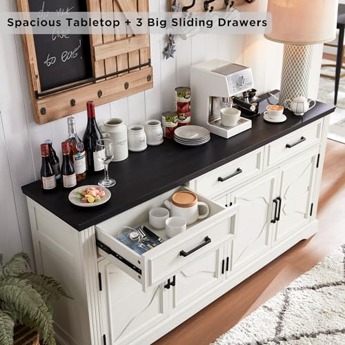 66" Farmhouse Buffet Cabinet with Storage, Sideboard Credenza, Carved Cloud-Inspired Doors, 3 Drawers & Adjustable Shelves, Coffee Bar Cabinet, Off White - color: Off White