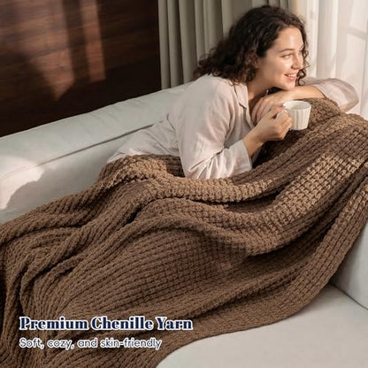 PHF Chenille Waffle Knit Throw Blanket- Plush Warm & Cozy 50" x 60" Ultra Soft Blanket- Chunky Fluffy Waffle Throws for Couch Bed Sofa - Cocoa Brown - color: Cocoa Brown, size: Throw(50"X60")