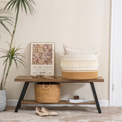 KAKAMAY Large Blanket Basket (20"x13"),Woven Baskets for storage Baby Laundry Hamper, Cotton Rope Blanket Basket for Living Room, Laundry, Nursery, Pillows, Baby Toy chest (White Fringe) | Extra Large Capacity | Natural Cotton Rope | Blanket Storage | Wov