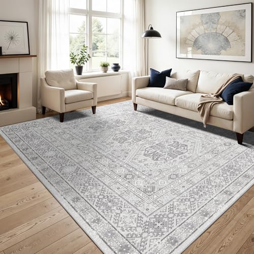 Ksrau 12x15 Area Rug Washable Vintage: Non Slip Living Room Large Rugs Grey | Oriental Indoor Floor Mat for Bedroom Soft Low Pile Thin Carpet for Dining Room Pet Friendly Home Office Decor - color: Grey, size: 12' x 15' (Rectangular)