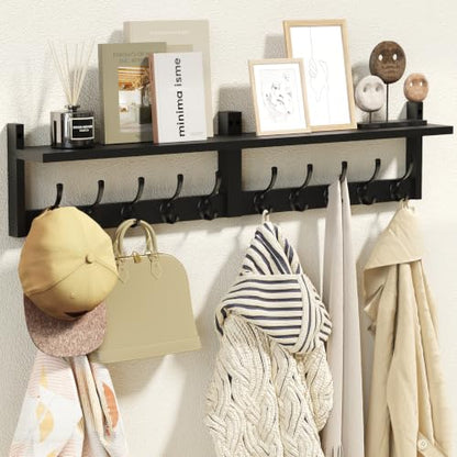 AMBIRD 34.2" Extra Long Wooden Wall Hook Rack with Shelf - Versatile and Decorative Wall-Mounted Storage with 10 Hooks for Coats, Hats, Keys - Ideal for Entryways, Bedrooms, Closets (Stylish Black) - size: 34.2 inch, style: Stylish