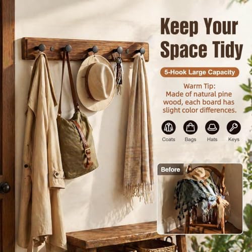 POZEAN Wooden Coat Rack Wall Mount, 2 Pack Wall Mounted Coat Hangers with 5 Smooth Round Hooks, Space Saving Organizer for Entryway,Bathroom, Clothes, Jackets, Hats, Keys(‎Brown Plate & Black Hooks)
