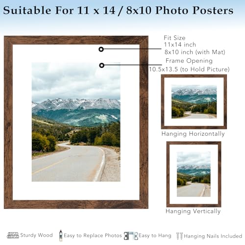 11x14 Picture Frame with 8x10 Mat Deep Brown, Display 8x10 with Mat or 11x14 Without Mat, Wood 11 by 14 Photo Frame, 11 x 14 Frame for Wall Hanging Display, Deep Brown, 3 Pack - size: 11x14 inch