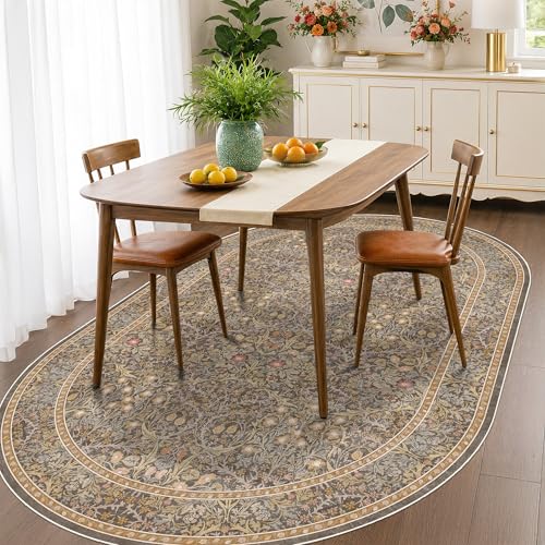 Vintage Oval 5x8 Area Rug, Brown Washable Floral Carpet for Dining Room Under Kitchen Table, Bedroom Beside Bed, Office - Oriental Low Pile Non Slip & Stain Resistant - color: Gold Brown, size: 5' x 8' (Oval)