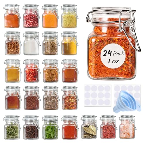 SPANLA Spice Jars, 24 Pack 4oz Small Glass Jars Spice Jars Herb Jars | Spice Herb Jars with Airtight Hinged Lids, 4oz Glass Jar with Labels Silicone Funnel Ideal for Spice Herbs Art Craft Storage - color: 24 Pack
