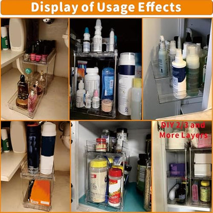4 Set Bathroom Organizers and Storage,2 Tier Clear Under Sink Organizer and Medicine Cabinet Organizer for Kitchen,Pantry Storage,Pull Out Drawers for Skincare,Pill Bottle,Spice Organization