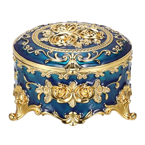 Hipiwe Large Jewelry Box Antique Trinket Keepsake Organizer Gift for Women | Trinket Organizer Box Decorative Treasure Chest for Rings Vintage Metal Jewelry Box Gift for Women - color: Blue, size: Medium