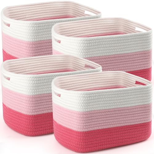 4 Pack Storage Baskets for Organizing, 11''Lx9''Wx8''H Woven Baskets for Storage Toys, Towels, Books, and Clothes, Cotton Rope Basket for Shelves with Handle - color: White & Pink, size: Large
