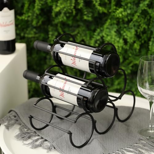 JHY DESIGN Iron Tabletop Wine Rack 11.5''x6''x10.5'' Rustic Wine Bottle Rack Storage Wine Shelf Freestanding Wine Holder Portable Wine Cabinet Mini Bar for Home Counter(6 Bottles Design Dia 3.5inch)