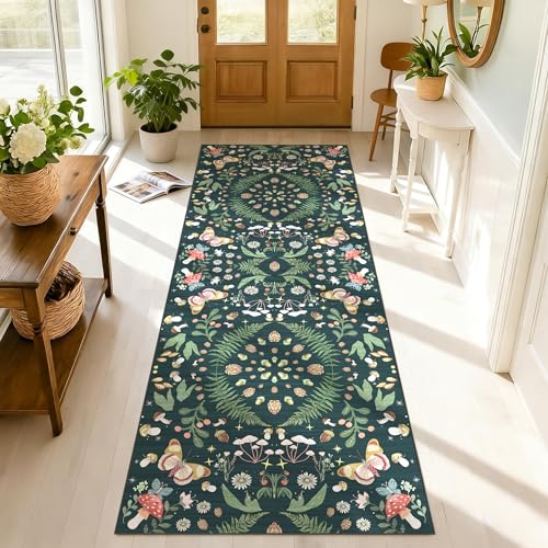2x6 Washable Runner Rug Non-Slip - Butterfly Kitchen Rugs Stain Resistant Soft Low Pile Floor Runner for Hallway Indoor Entryway Bedroom Laundry Room（Black Green，2x6） - color: Black Green, size: 2' x 6' (Runner)