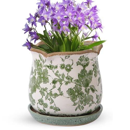 Ceramic-Planters-for-Indoor-Plants with Saucer, 6 inch Vintage Ice Crack Glaze Plant Pots with Drainage Holes, Decorative Flower Pots for Outdoor Garden Home Decor, Tuscan Pot for Plant - color: Vintage Green