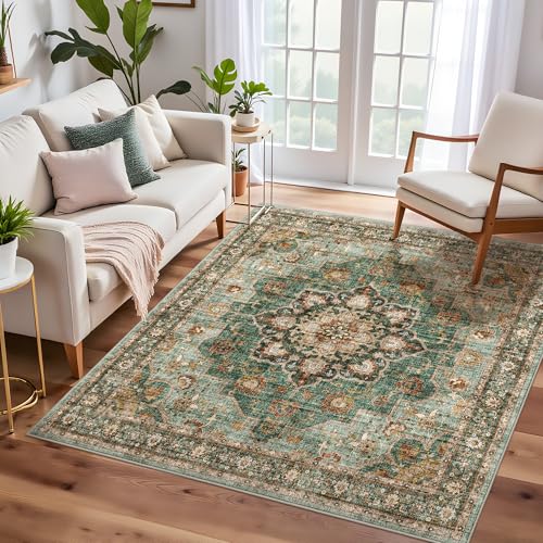 Green Washable Entry Rug: 4x4 Square Area Rugs Non Slip with Rubber Backing | Soft Carpet for Kitchen Bedroom Bedside Bathroom Entryway Low Pile Ultra Thin Stain Resistant Small Carpets (Green, 4x4) - color: Green, size: 4' x 4' (Square)