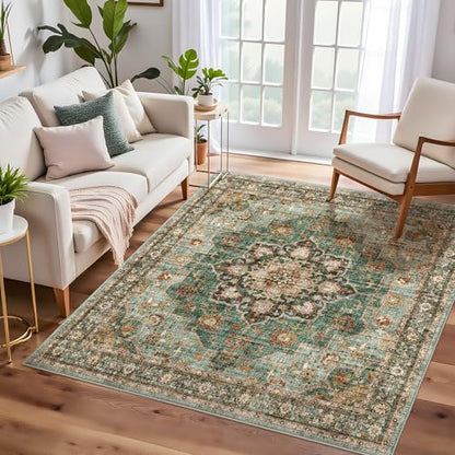Green Washable Entry Rug: 4x4 Square Area Rugs Non Slip with Rubber Backing | Soft Carpet for Kitchen Bedroom Bedside Bathroom Entryway Low Pile Ultra Thin Stain Resistant Small Carpets (Green, 4x4) - color: Green, size: 4' x 4' (Square)