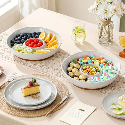 MALACASA Ceramic Chips and Dip Serving Tray, 12 Inch Dip Serving Tray | Free-Form Divided Ceramic Chips and Dip Bowls for Parties, Hosting and Entertaining, Khaki Gray - color: Khaki Gray