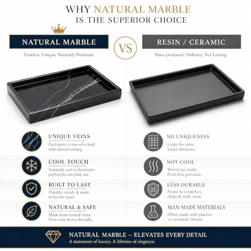 Real Natural Marble & Travertine Vanity Tray, Genuine Marble Serving Tray - color: Black Marble