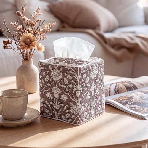 Blue Fabric Tissue Box Cover - Floral Print Tissue Box & Decorative Square Napkin Holder Handmade Cotton for Home Bedroom Vanity Countertop Nightstand Office (Grayish Brown) - style: Grayish Brown