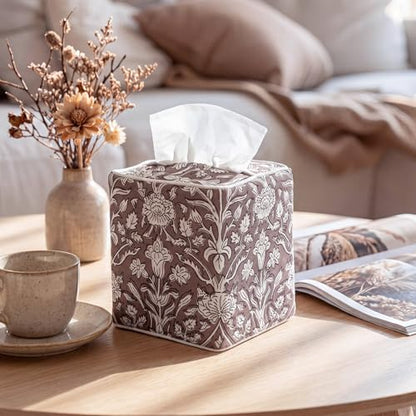 Blue Fabric Tissue Box Cover - Floral Print Tissue Box & Decorative Square Napkin Holder Handmade Cotton for Home Bedroom Vanity Countertop Nightstand Office (Grayish Brown) - style: Grayish Brown
