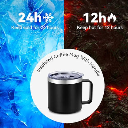 VEGOND 14 oz Insulated Coffee Mug with Handle, Stainless Steel Travel Coffee Mug with Lid, Double Wall Vacuum Metal Coffee Cup, Coffee Tumbler Powder Coated, Black 1 Pack - color: Black, size: 14 Ounces