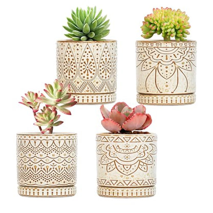 Gepege Ceramic Succulent Pots, 4 Inch Small Plant Pots with Drainage | Ceramic succulent pots with drainage holes, ceramic saucers and mesh pads, set of 4, ideal for cactus and succulents - color: White, size: 4 Inch - Set of 4