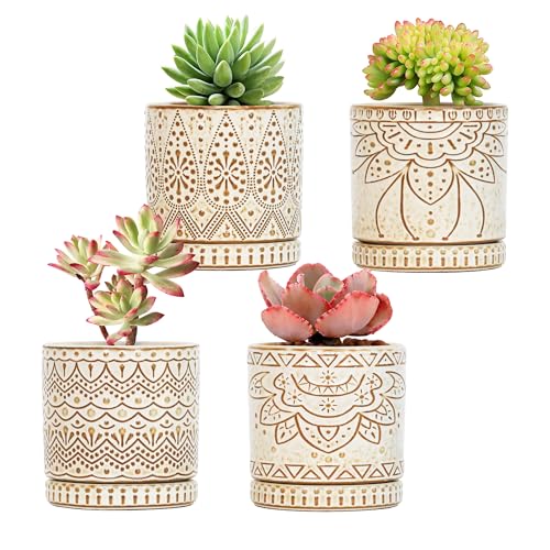 Gepege Ceramic Succulent Pots, 4 Inch Small Plant Pots with Drainage | Ceramic succulent pots with drainage holes, ceramic saucers and mesh pads, set of 4, ideal for cactus and succulents - color: White, size: 4 Inch - Set of 4
