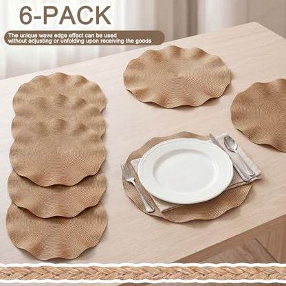 Irenare Scalloped Wedding Rattan Placemats Set of 6 Woven Round Placemat 15 Inch, Wicker Chargers Rattan Table Mat for Dining Table Cup Vase Home Holiday Birthday Party