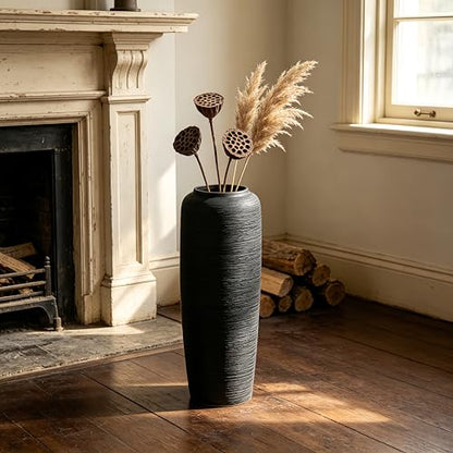 Black Rustic Ceramic Floor Vase, 19.7 Inch, Ribbed Texture | Living Room, Entryway, Fireplace, Pampas Grass, Dried Branches - size: 19.7 Inch