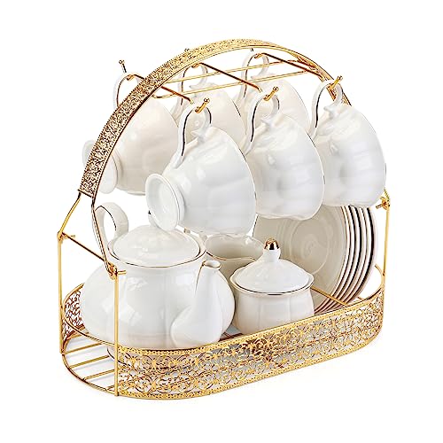 CHENP.HMC Tea Set 22-Piece Porcelain Ceramic Coffee Tea Gift Sets Cups Saucer Service for 6 Teapot Sugar Bowl Creamer Pitcher and Teaspoons (White) - color: White
