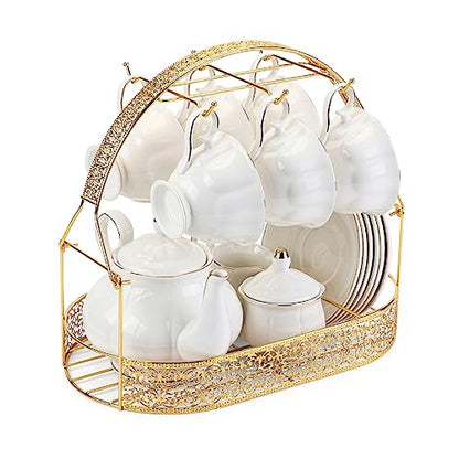 CHENP.HMC Tea Set 22-Piece Porcelain Ceramic Coffee Tea Gift Sets Cups Saucer Service for 6 Teapot Sugar Bowl Creamer Pitcher and Teaspoons (White) - color: White