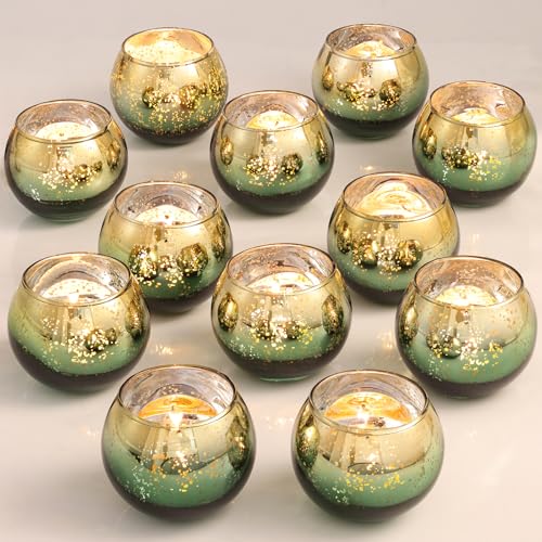 Volens Green Votive Candle Holders Set of 12, Round Mercury Glass Votives | Tealight Candle Holder Bulk for Green and Gold Themed Party Decoration, Wedding Table Centerpiece & Home Decor - color: Green+gold, size: Round--2"W x 2"H