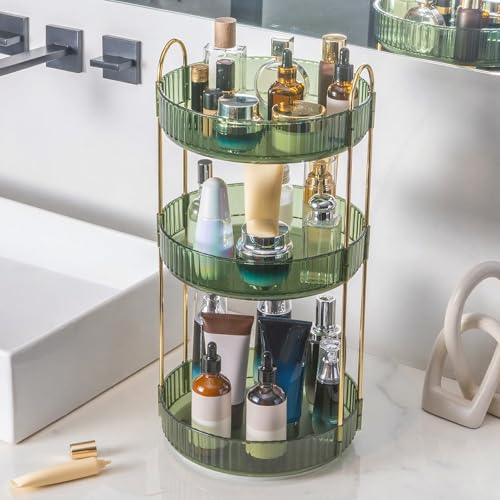 INVSSENE 360° Rotating Makeup Organizer, Bathroom Make Up Spinning Holder Rack, Large Capacity Cosmetics Storage Vanity Shelf Countertop, Fits Cosmetics, Perfume, Skincare(3 Tiers, Green) - color: Green, size: 3 Tiers
