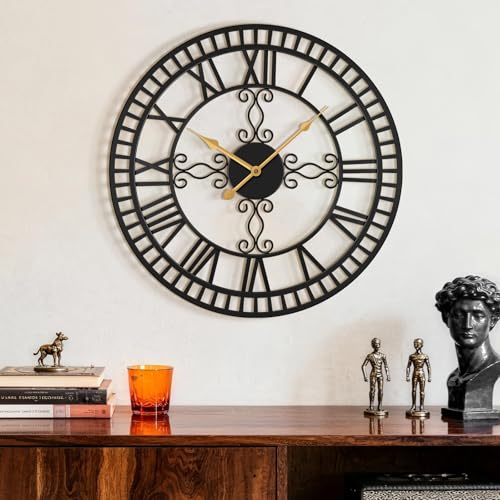 20" Large Wall Clock, Big Clock for Living Room Decorative, Black Large Wall Clocks Battery Operated with Metal Roman Numeral, Completely Silent, Non-Ticking for Bedroom, Kitchen,Fireplace - size: 20 inch