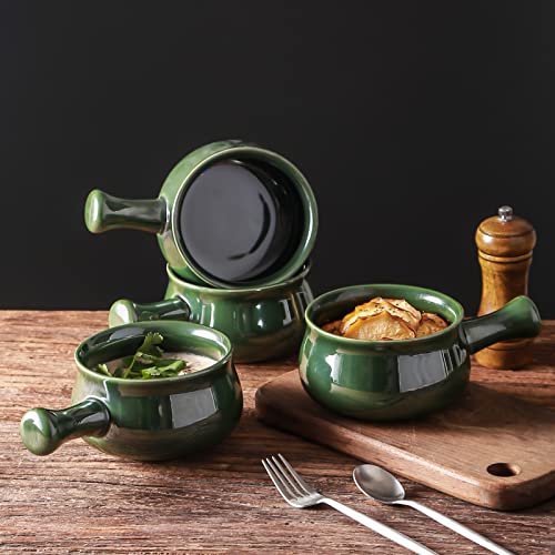 vicrays French Onion Soup Bowls With Handles, 26 Ounce for Soup, Chili, Beef Stew, Chip Resistant, Dishwasher Microwave Safe, Set of 4 (Green) - color: Green