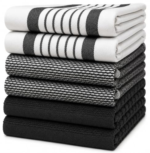 Premium Kitchen Towels 6 Pack 100% Cotton 20"x28" Dish Towels Black Striped | Large Flat & Terry Kitchen Linen Set with Hanging Loops, Highly Absorbent for Washing and Drying Dishes - color: Striped Black, size: Kitchen Towels - Mixed Styles