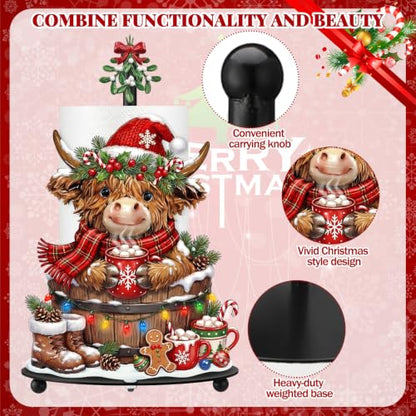 Highland Cow Christmas Paper Towel Holder with Round Base Christmas Bathroom Decor Rustic Highland Cow Dispenser Kitchen Paper Holder Stand for Countertop Toilet Home Accessories - style: Cocoa Christmas