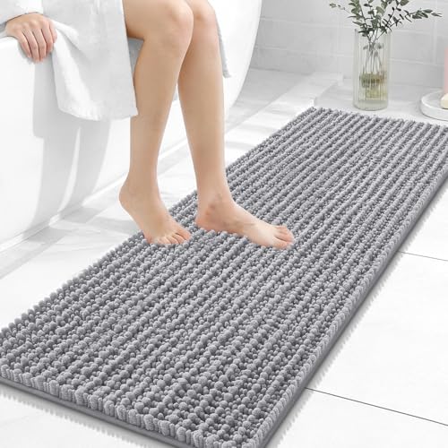 OLANLY Bathroom Runner Rugs 47x17, Thick Soft Absorbent Chenille Bath Rugs | Grey, Quick-Drying Rubber Backing, Long Shaggy Bath Mat, Machine Washable for Floor, Tub and Shower, Home Decor Accessories - color: Grey, size: 47" x 17"