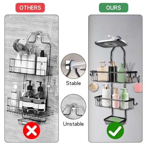 Shower Caddy Hanging Over Shower Head, Height Adjustable No Drilling Bathroom Hanging Shelf Organizer, Rustproof Shower Caddy Over with Hooks Shampoo Soap Holder for Inside Shower