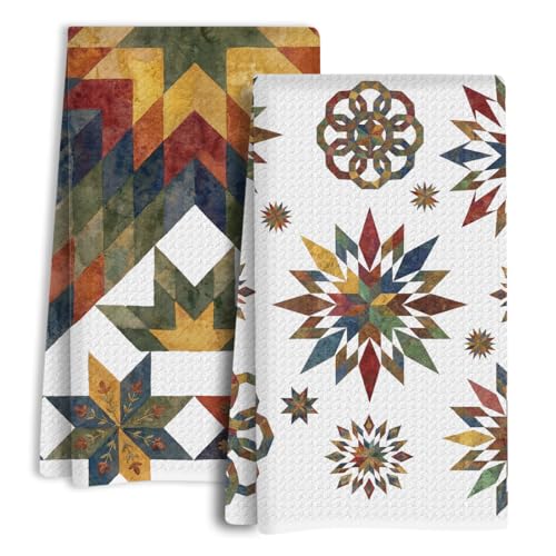 Boho Geometric Kitchen Towels Set of 2, Dish Towels for Kitchen Soft Absorbent Tea Hand Towel for Home Dining Room Apartment Cooking, Baking, Decorative Multicolor Star Design, 13.8 x 23.6 Inch - color: Vintage Quilt Star 1450