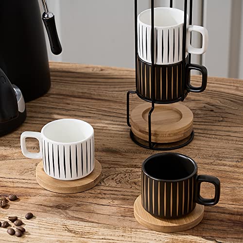 LUKA Porcelain Espresso Cup with Saucer and Metal Stand, 4 Ounce Stackable Ceramic Demitasse Espresso Mugs Cups Set for Latte, Specialty Coffee Drinks, Cafe Mocha,Tea - Set of 4, White & Black - color: Black & White Stripes