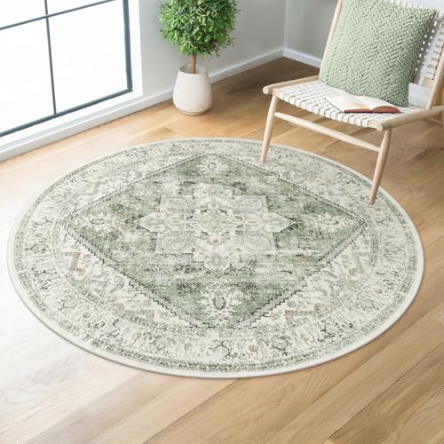 LIVEBOX Sage Green Round Rug 4ft, Vintage Tribal Circle Rugs for Entryway Foyer, Low-Pile Oriental Retro Rugs for Living Room, Stain Resistant Medallion Circular Rug for Bedroom - color: Medallion Sage, size: 4' (Round)