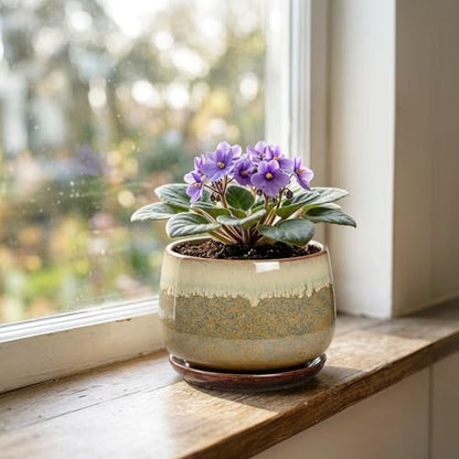 Ceramic Pots for Plants - 6 Inch Plant Pot Indoor with Drainage and Saucer, Round Planters for Succulent Snake Plants, Decorative Flower Pot, Home Decor, Plant Lover Gifts, Brown-Beige
