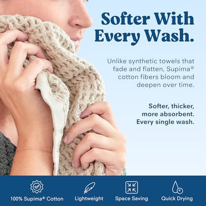 ONSEN Supima® Waffle Bath Towel Set, Quick Dry Lint Free 100% USA Cotton, Bath Hand and Face Towel Bundle, 3 Piece (Oatmeal, Bath Towel Set) - color: Oatmeal, size: Bath Towel Set